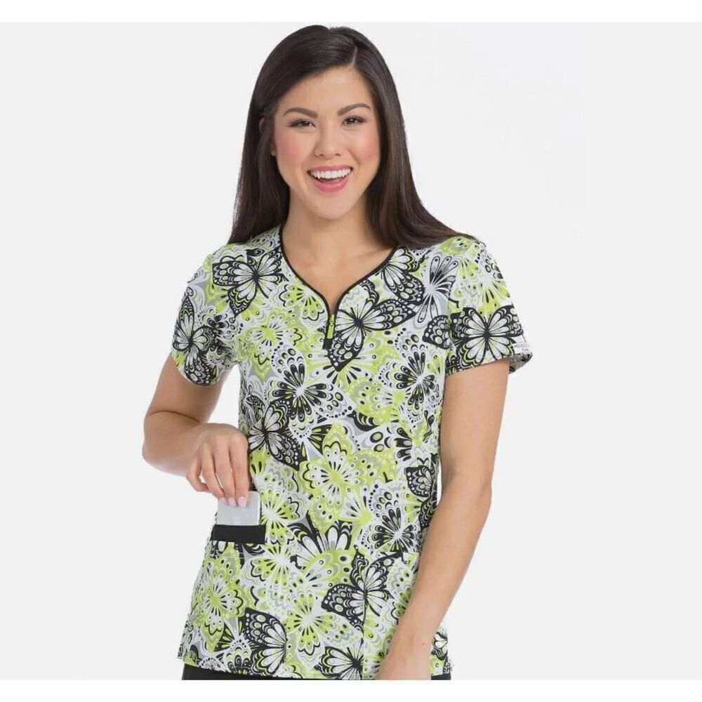 Med Couture Stretch Zip Top Frilly Flutters Scrub Top Lime‎ Black White Small